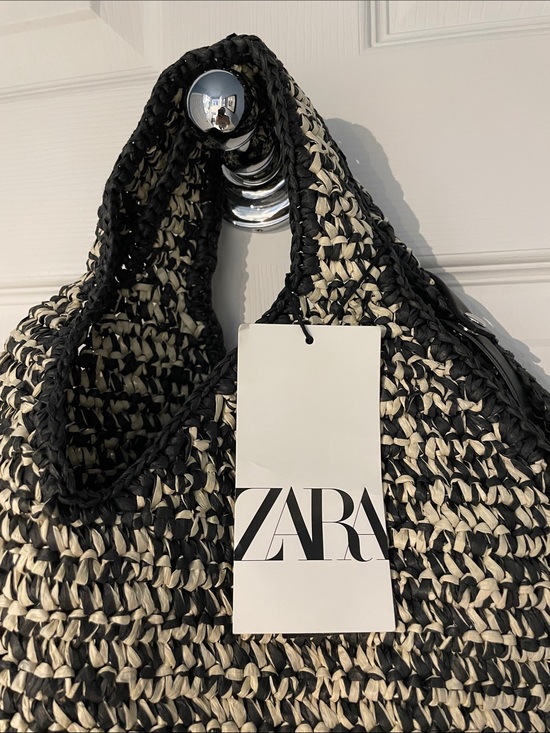 Zara Handbags - ZARA Woven Black and Cream Crochet Tote Bag